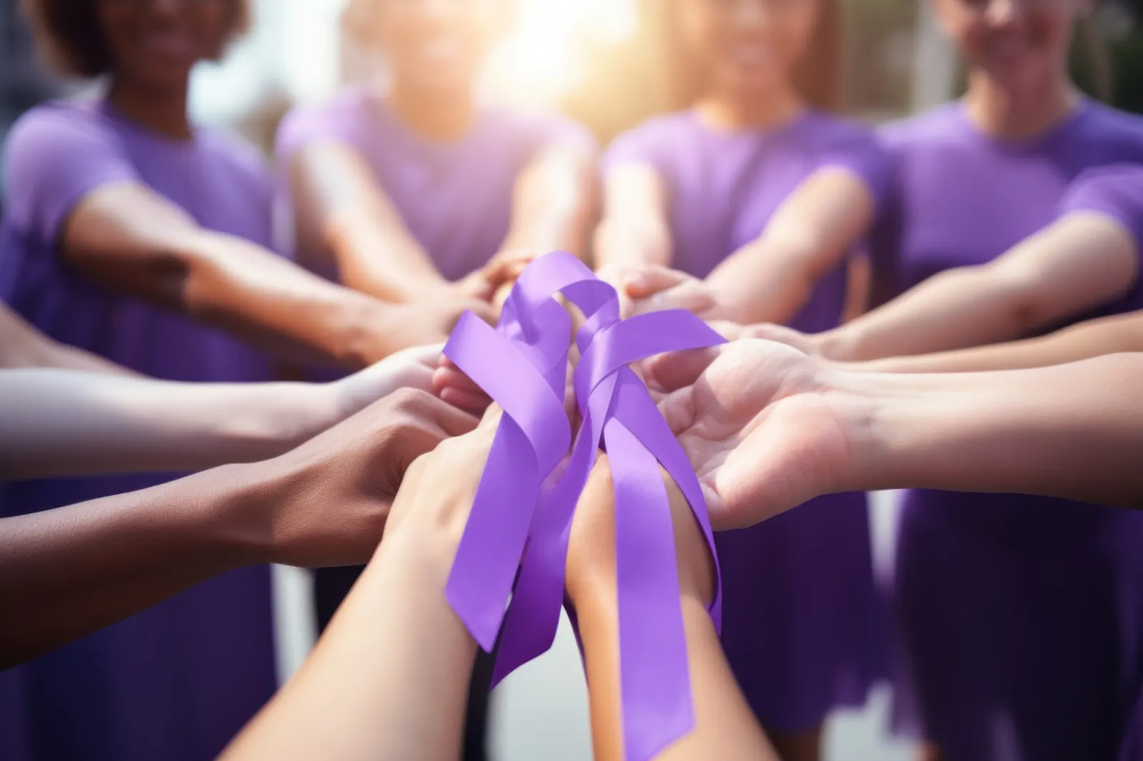 Many hands joined together around a purple awareness ribbon